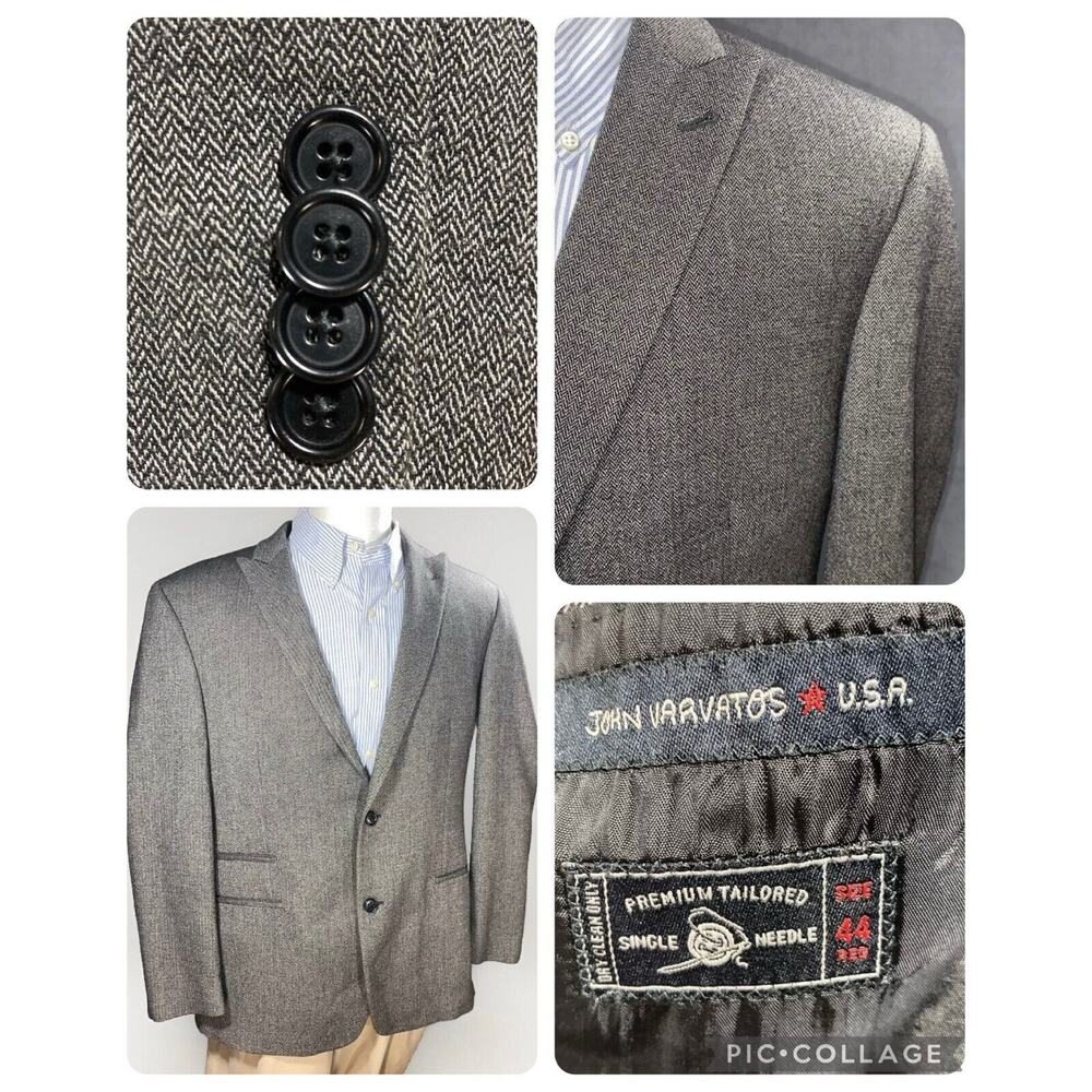 John Varvatos USA Charcoal Herringbone Blazer Sport Coat 44R Peak Lapel 2 Button